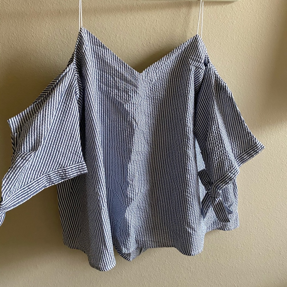 Cold Shoulder Blue and White Seersucker Top